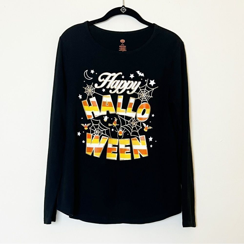 Pumpkin Happy Halloween Gold Spider Web Long Sleeve Candy Corn T-Shirt, Size M